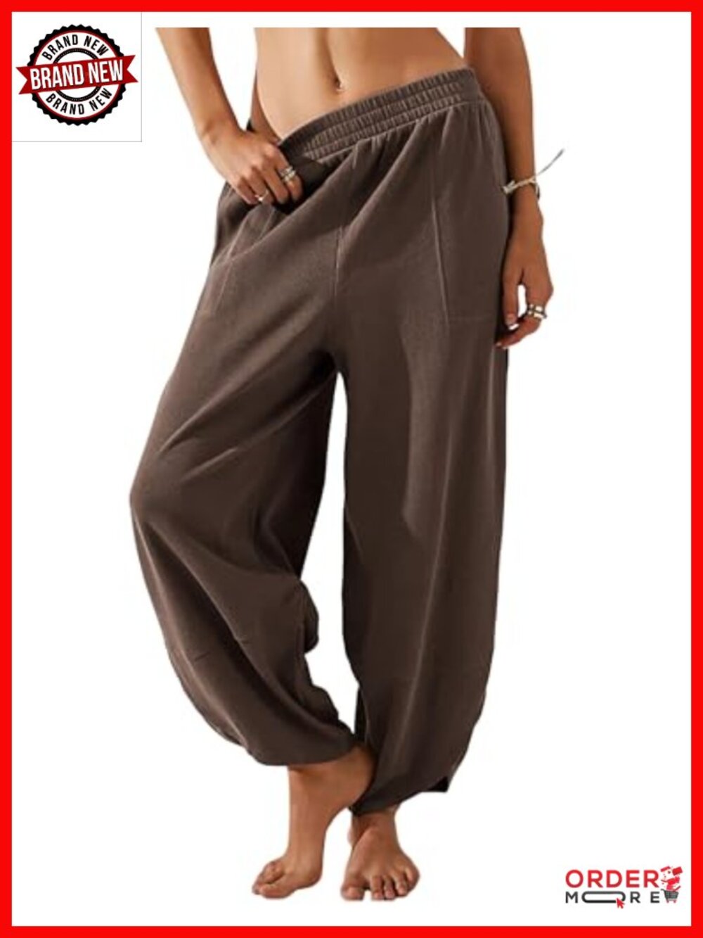 Womens Wide Leg Palazzo Harem Pants Cotton Elastic Waist Pockets
